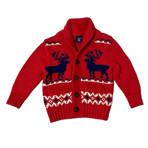 Baby Gap Sweater Boys 12 To 18 Months Red Cardigan Shawl Collar Reindeer Holiday - Picture 1 of 6